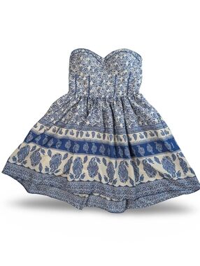 Band Of Gypsies Blue and White Paisley Strapless Dress Size S Flowy Boho
